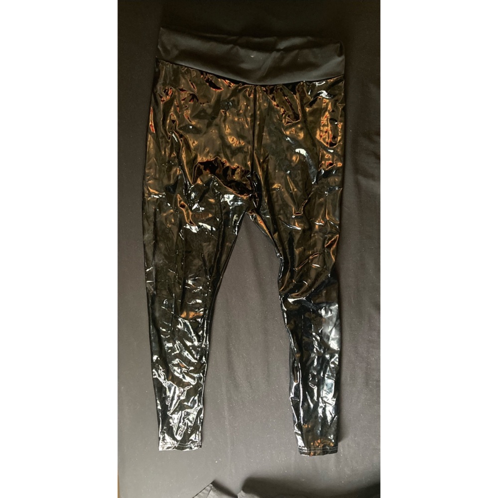 Shiny black stretch vinyl fetish pull on leggings - looks like latex leggings